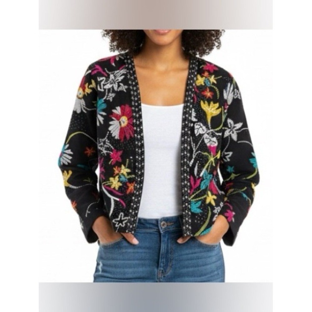 Chicos Floral Embroidered Sequin Open Front Jacket Black Boho Size 2 Large